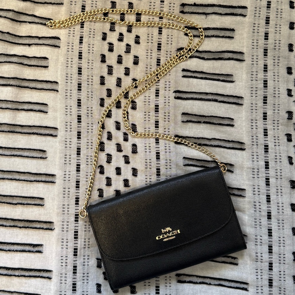Coach Black Leather Crossbody with Gold Chain